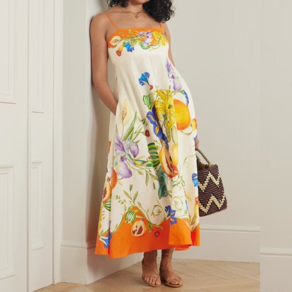 Alemais Pomegranate Floral Print Square-Neck Linen Midi Dress - Picture 1 of 11
